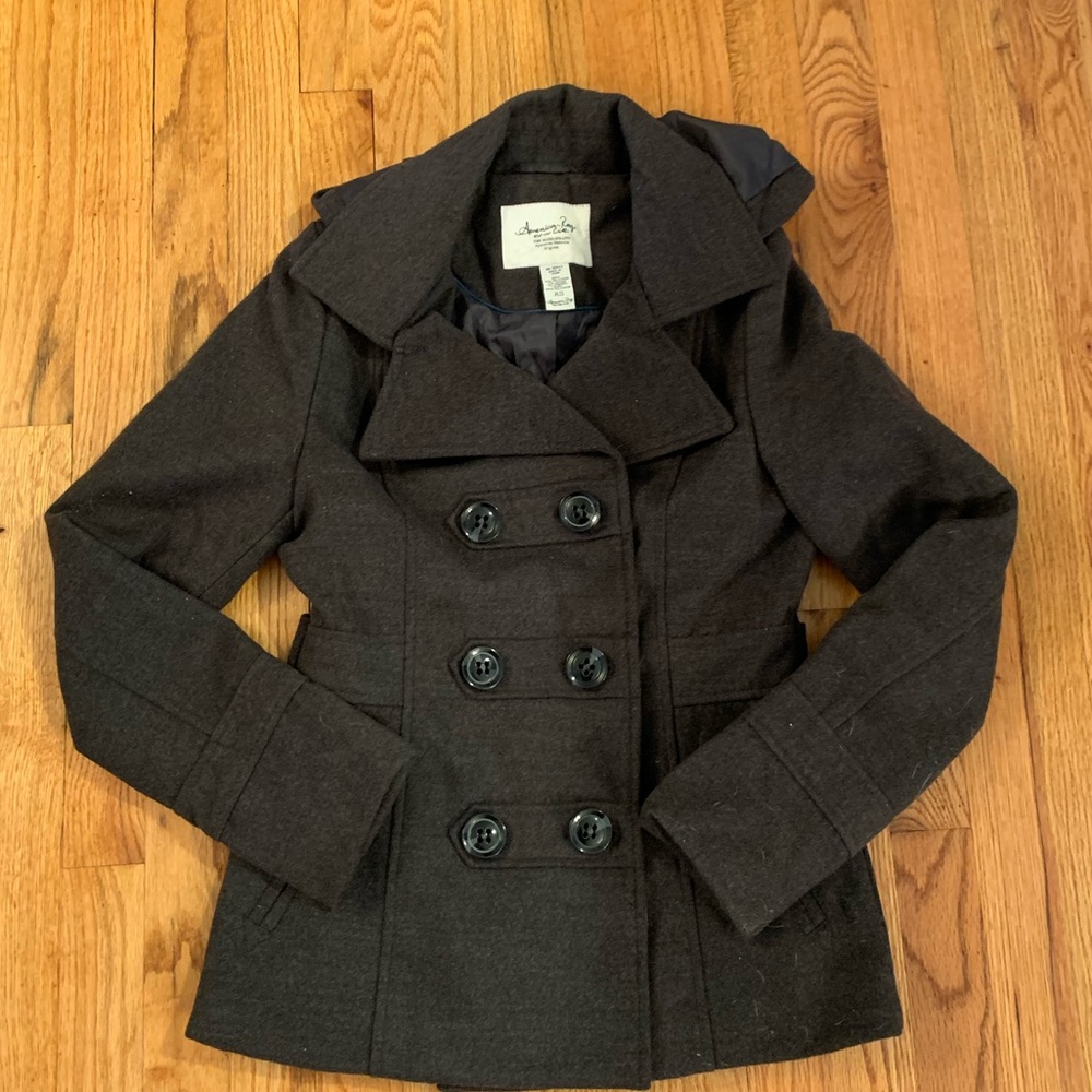 Dark grey hooded peacoat
